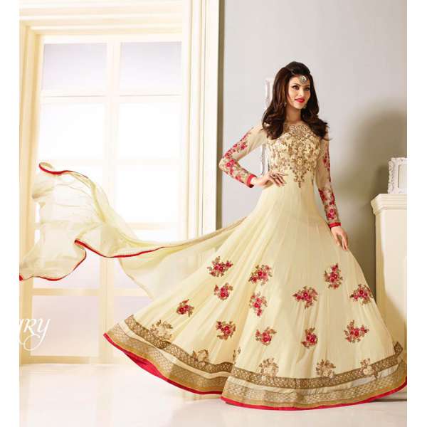  Cream Red Dress Floral Gown Anarkali